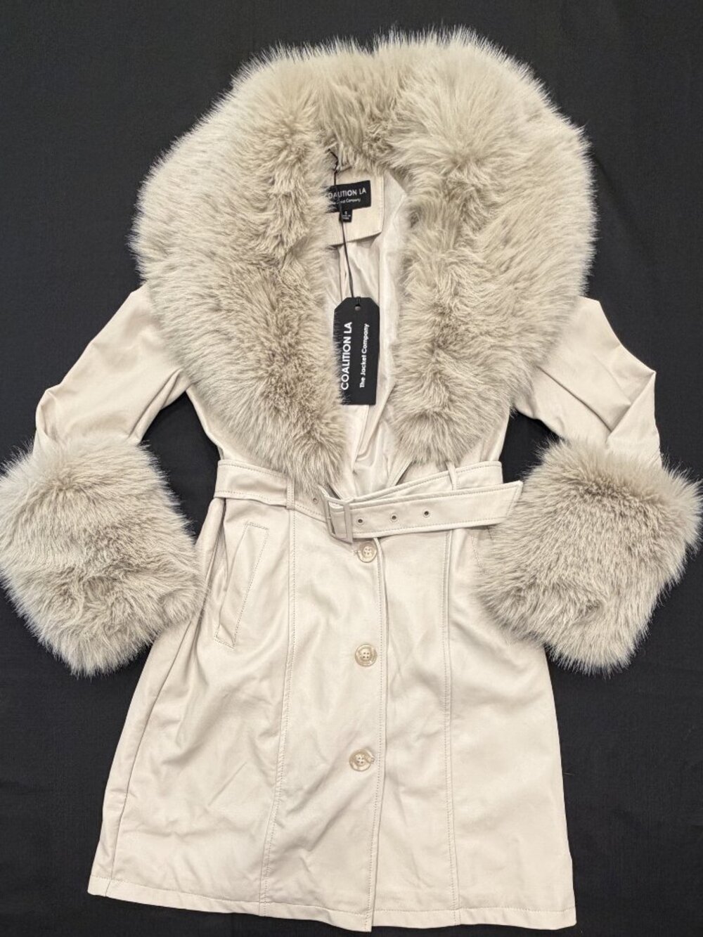 Coalition LA Ivory Faux Leather Faux Fur Belted Coat S NWT